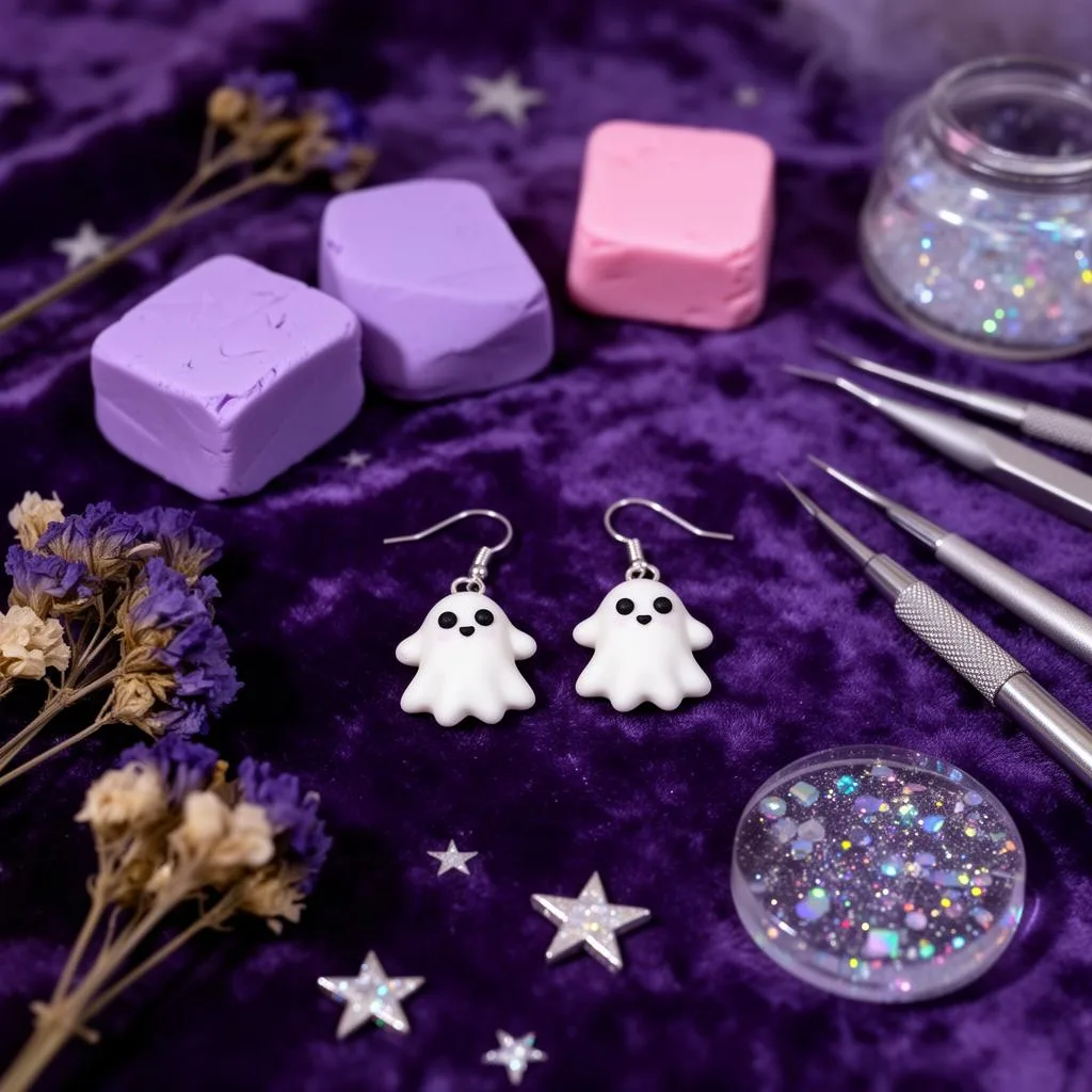 Polymer clay studio with ghost-shaped earrings, sparkle, and dried flowers